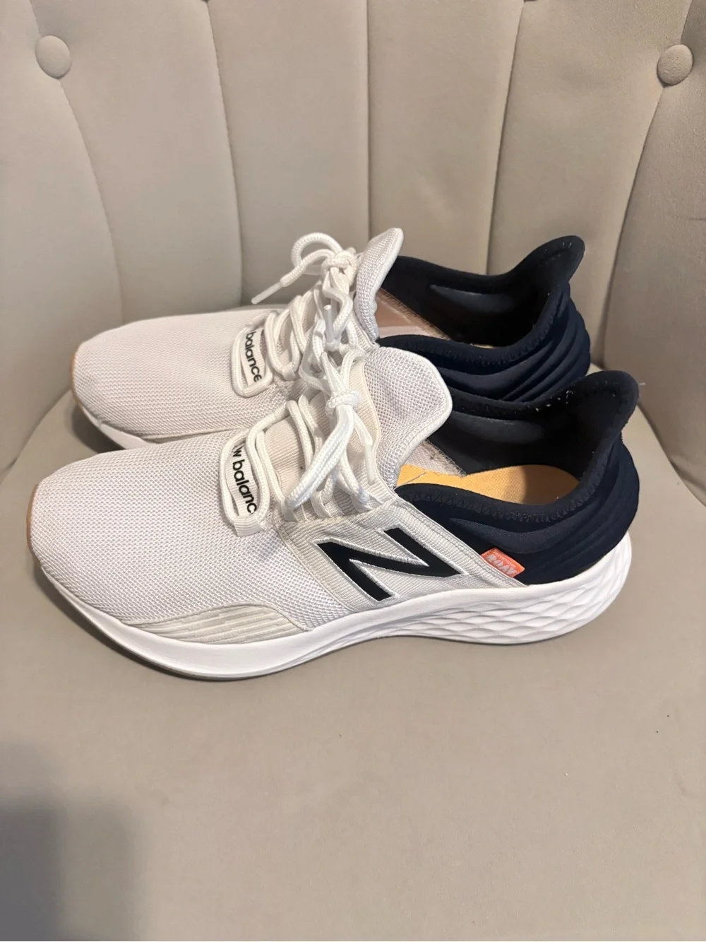 New Balance White and Navy Athletic Sneakers
